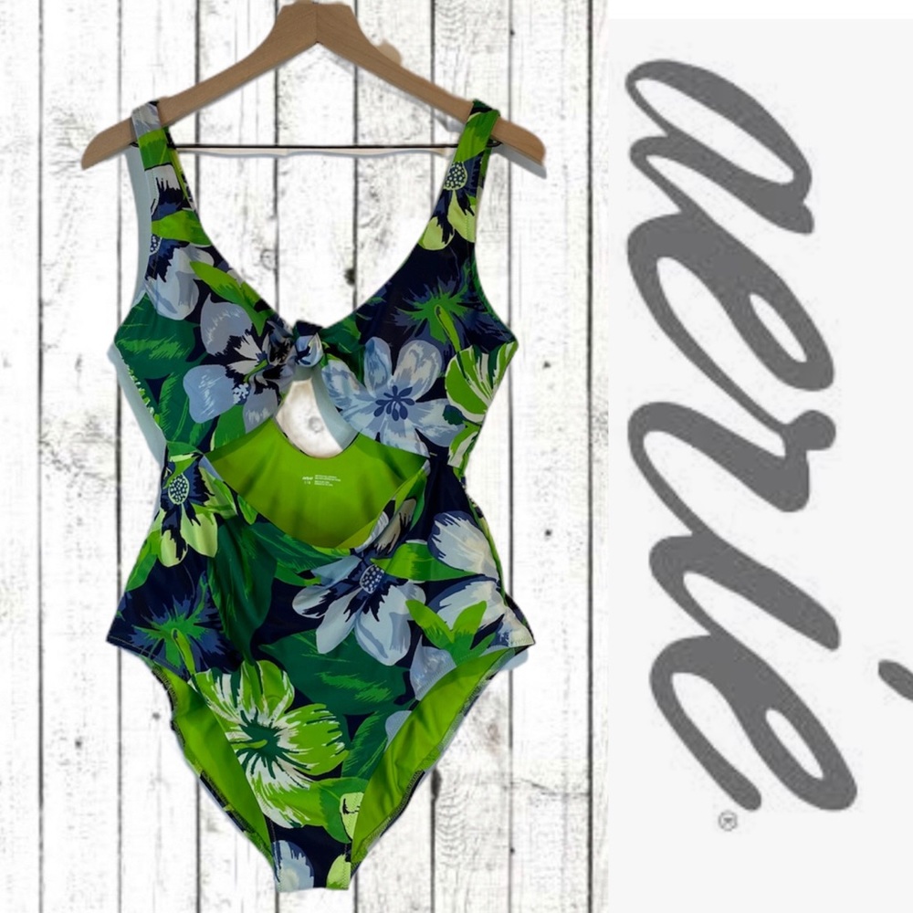 AERIE Women’s Size L Large Swimsuit One Piece Floral Tropical Lined Blue Green